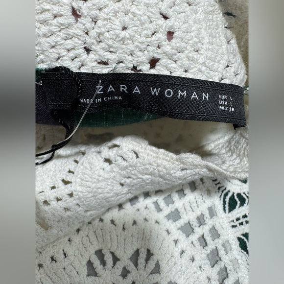NWOT ZARA Women’s Green 100% Linen Midi Dress Long Sleeve Floral Crochet Size L - Picture 10 of 11